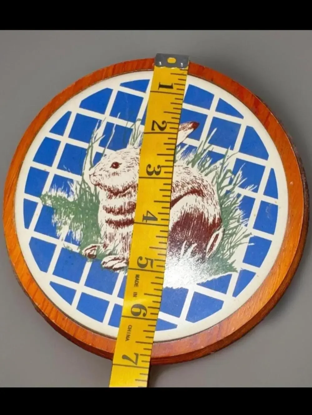 Farmhouse Trivet Bunny Artwork, Ceramic Tile, Round Vintage Rabbit Art